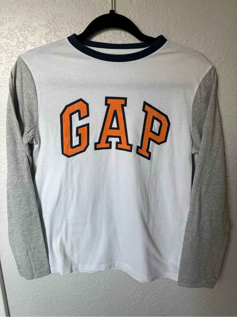 GAP White Long-Sleeve Logo Tee with Gray Sleeves and Orange Letters